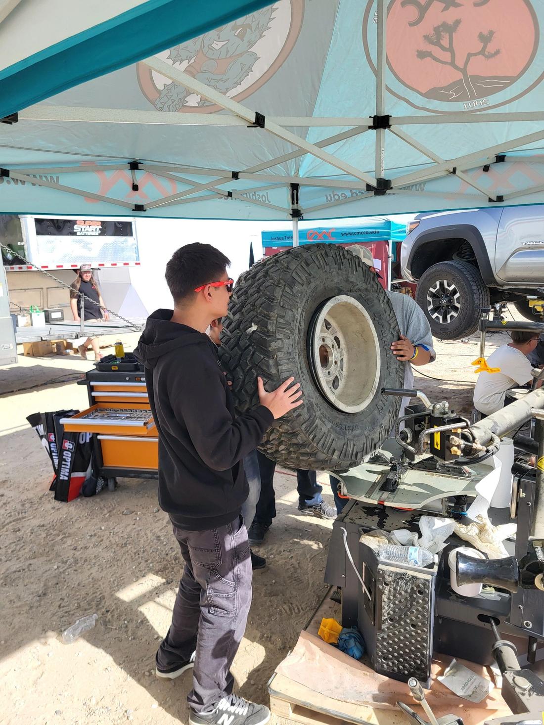 Changing a tire in the pits